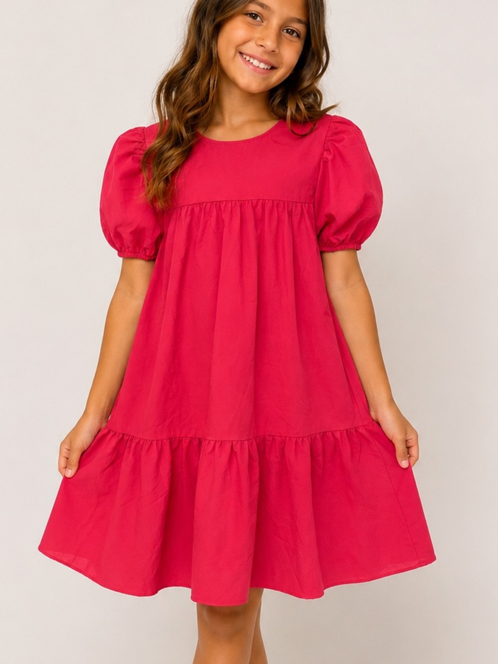 SHEIN Cherry Pink Puff-Sleeve Tiered Dress for Girls